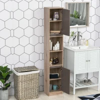 HOMCOM Meuble colonne salle de bain à 6 niveaux, meuble de rangement étroit avec 2 portes, 2 compartiments ouverts et étagère réglable, pour toilette, petits espaces, 30 x 24 x 170 cm gris et chêne(m-10)