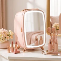 HOMCOM Nevera para Cosméticos Pequeña con 6L Capacidad con Puerta con Espejo y Luces LED Ajustables 24,3x19,4x35,6 cm Rosa(m-2)