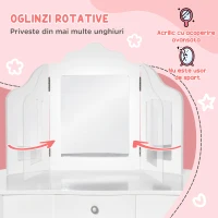 HOMCOM Masă de Toaletă pentru Copii cu Scaun și Oglindă Triplă, din Lemn și Acrilic, 63x40x85,5 cm, Albă(m-6)
