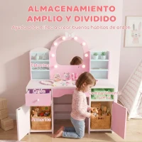 AIYAPLAY Tocador de Maquillaje Niña con Espejo de LED de 2 Colores Taburete 2 Armarios Cajón Estantes Compartimento Rosa(m-5)