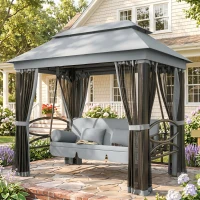 Outsunny 3 Seater Swing Chair 3-in-1 Convertible Garden Swing Seat Bed Gazebo Patio Bench Outdoor with Double Tier Canopy, Cushioned Seat, Mesh Sidewalls, Grey(m-3)