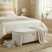 HOMCOM Banc de rangement, bout de lit ovale en polaire Teddy avec assise large, 129 x 48,5 x 44 cm, crème(m-10)