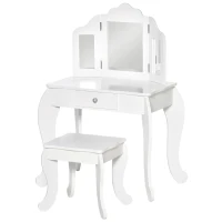 HOMCOM Masă de Toaletă pentru Copii cu Scaun și Oglindă Triplă, din Lemn și Acrilic, 63x40x85,5 cm, Albă(m-11)