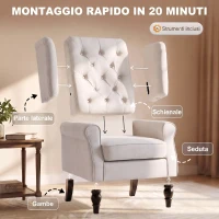 HOMCOM Poltrona da Salotto Imbottita in Velluto con Schienale Trapuntato, 74x86x102cm, Bianco(m-7)
