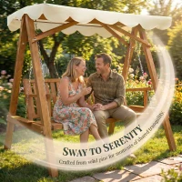 Outsunny 2 Seater Garden Swing Seat with Canopy, Wooden Swing Chair, Outdoor Hammock Bench for Balcony Patio Porch, Cream White(m-4)