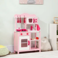 AIYAPLAY Bucătărie de Jucărie pentru Copii 3+ Ani cu Cuptor cu Microunde, Aragaz și Chiuvetă, din Lemn, 55x24x86 cm, Roz(m-10)