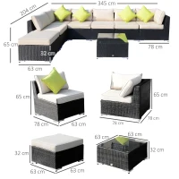 Outsunny 8 Piece Rattan Corner Sofa Set with Wide & Deep Seat, Assembled Aluminium PE Rattan Garden Furniture Set with Thick Cushions and Glass Top Table for Outdoor, Conservatory, Black(m-3)
