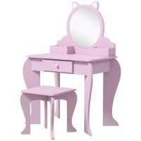 ZONEKIZ Kids Vanity Table with Mirror, Stool, Drawer, Storage Boxes, Cat Design, for Ages 3-6 Years - Pink(m-11)