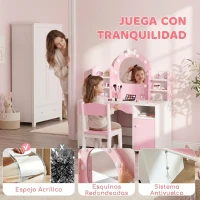 AIYAPLAY Tocador de Maquillaje Niña con Espejo de LED de 2 Colores Taburete 2 Armarios Cajón Estantes Compartimento Rosa(m-6)