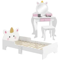 ZONEKIZ Kids Bedroom Furniture Set with Kids Dressing Table with Mirror and Stool, Toddler Bed Frame for 3-6 Years, Unicorn Design(m-1)