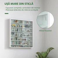 HOMCOM Vitrină pentru obiecte cu 6 rafturi reglabile, din PAL, cu uși din sticlă, 80 x 9,5 x 83 cm, alb(m-5)