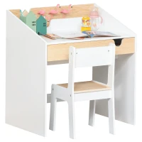 HOMCOM Set Birou și Scaun pentru Copii cu Sertar și Raft, Margini Rotunjite, Vârsta 6-10 Ani, Alb și Lemn(m-12)