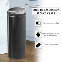 HOMCOM Cubo de Basura Automático 50L con Tapa Cierre Suave y Silencioso Cuerpo de Acero Inoxidable Negro(m-4)