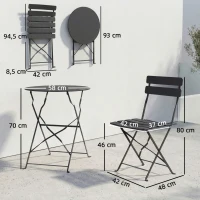 Outsunny Ensemble Bistrot de Jardin 3 Pièces Table et 2 Chaises Pliantes à Lattes Double Protection Antirouille Noir(m-3)