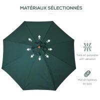 Outsunny Ombrellone da Giardino 3x2.5 m con Apertura a Corda, 8 Stecche, in Legno e Poliestere Verde Scuro(m-4)