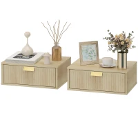 HOMCOM Modern Floating Nightstands Set of 2, Wall Mounted Bedside Tables with Wave Drawer Oak(m-15)