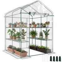 Outsunny Walk in Greenhouse with 3-Tier 8 Shelves, Green House with Hemmed Cover, Roll-up Zipped Door, Steel Frame, 143 x 143 x 195cm(m-1)