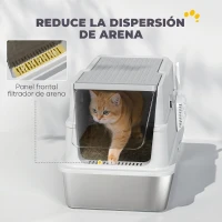 PawHut Arenero para Gatos de Acero Inoxidable XL Cerrado con Tapa Abatible Borde Alto Pala Antifugas Gris Claro(m-8)