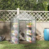Outsunny Walk in Greenhouse with 3-Tier 8 Shelves, Green House with Hemmed Cover, Roll-up Zipped Door, Steel Frame, 143 x 143 x 195cm(m-2)