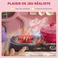 AIYAPLAY Cuisine pour Enfants Interactive, 33 Accessoires, avec Sons, Lumières, Rangement, 3-6 Ans, 67x25x87cm, Rose(m-5)