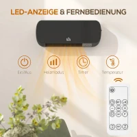 HOMCOM Heizlüfter zur Wandmontage 2000W mit Fernbedienung 2 Heizmodus LED-Display 12h Timer für Badezimmer(m-5)