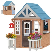 AIYAPLAY Cabane enfant extérieur en bois, maison enfant extérieure/intérieure avec chatière, cuisine de jeu, marron(m-13)
