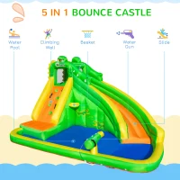 Outsunny Kids Bouncy Castle, 5 in 1 Large Crocodile Style Inflatable House Slide Basket Water Pool Gun Climbing Wall with Blower Carrybag for Kids Age 3-8, 3.85 x 2.85 x 2.25m(m-11)