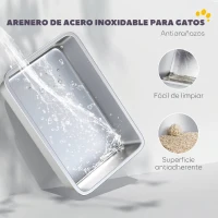 PawHut Arenero para Gatos de Acero Inoxidable XL Cerrado con Tapa Abatible Borde Alto Pala Antifugas Gris Claro(m-4)