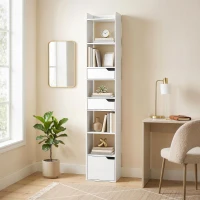 HOMCOM Bibliothèque étagère de rangement étroite, 32x24x181,5cm avec porte 2 tiroirs compartiments ouverts, blanc(m-11)