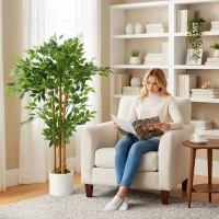 HOMCOM 120cm Artificial Ficus Tree, Fake Potted Tree with Solid Wood Trunk and Pot for Indoor, Green(m-10)