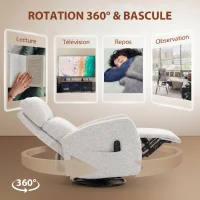HOMCOM Fauteuil inclinable de massage et chauffage, fauteuil de relaxation en chenille, dossier réglable, pivotant 360°, crème(m-6)
