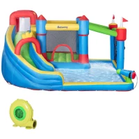 Outsunny 6 in 1 Kids Bouncy Castle, with Water Slide, Water Gun, Climbing Wall, Air Blower for Indoors/Outdoors, 3.9 x 3 x 2m(m-24)