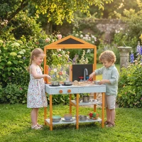 AIYAPLAY Mud Kitchen for Kids, Outdoor Wooden Play Kitchen with Sink, Stove, Cookware, Shelves, Pretend Play Toy for Ages 3-8(m-10)