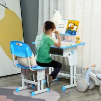 HOMCOM Kids Desk and Chair Set Adjustable Height Study Table Set with Drawer, Book Stand, Pen Slot - Blue(m-2)
