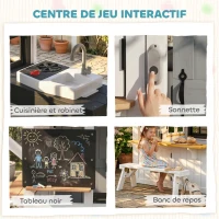 AIYAPLAY Cabane enfant extérieur en bois, maison enfant extérieure avec chatière, ustensiles de cuisine, banc et sonnette, blanc(m-4)