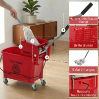 HOMCOM Chariot de ménage chariot de lavage essoreuse latérale seau 20 L, poignée et serpillère, 45 x 26,5 x 70 cm, rouge(m-8)