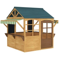 AIYAPLAY Casita de Juegos Infantil de Madera con Ventanas Pizarras Tejado y Toldo 173x117x144 cm Madera Natural(m-1)