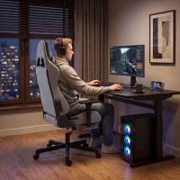 HOMCOM Silla Gaming Ergonómica con Masaje Calefactable Reposapiés y Tapizado de Tela Gris(m-4)