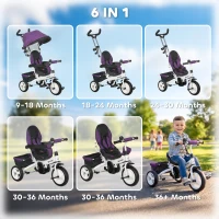 HOMCOM 6 in 1 Kids Trike Push Bike w/ Push Handle, Canopy, 5-point Seat Belt, Storage, Footrest, Brake, for 1-5 Years, Purple(m-4)