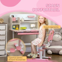HOMCOM Set Birou și Scaun pentru Copii de la 3 Ani, Reglabil, Masă Înclinabilă la 60° cu Sertar și Rafturi, Roz(m-7)