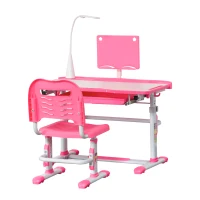 HOMCOM Set Scrivania per Bambini 6-12 Anni con Sedia Regolabile in Altezza, Cassetto, Luce e Piano Inclinabile, Rosa(m-11)