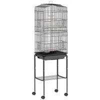 PawHut Cage à oiseaux sur pied volière oiseaux sur roulettes toit ouvrant 3 perchoirs étagère inférieure 46,5x36x157cm noir(m-1)