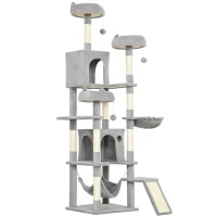 PawHut Krabpaal 192 cm, kattentoren met huisje, sisalpalen, groot platform, hangmatten en helling voor 2-3 katten tot 5 kg(m-1)