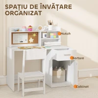 AIYAPLAY Birou pentru copii cu rafturi, dulap, sertar și scaun asortat din MDF alb(m-4)