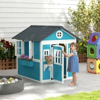 Outsunny Cabane enfant extérieur maison enfant extérieure avec porte fenêtres et jardinières 114 x 126,4 x 135 cm bleu(m-10)