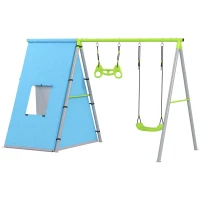 AIYAPLAY Columpio Infantil 3 en 1 con Tienda Anillas y Altura Ajustable para Niños de 3-8 Años Estructura Metálica 283x180x182 cm(m-11)