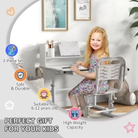ZONEKIZ Height Adjustable Kids Study Table and Chair Set, with Drawer, Storage Shelf, 80 x 54.5 x 104 cm, Grey(m-4)