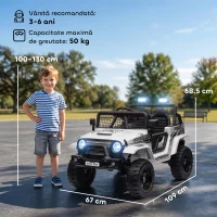 AIYAPLAY Mașină Electrică pentru Copii Off-Road 12V cu Dublu Motor, Vârsta 3-6 Ani, Telecomandă și Lumini, Albă(m-3)