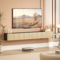 HOMCOM Meuble TV suspendu 140cm, meuble télé pour téléviseur 72 pouces, 2 portes rabattables, 140x25x22cm, bois naturel et noir(m-10)