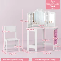 AIYAPLAY Coiffeuse enfant 2 en 1 avec tabouret miroir triptyque et lumières LED bicolores  93,6 x 48,5 x 111,5 cm blanc(m-3)